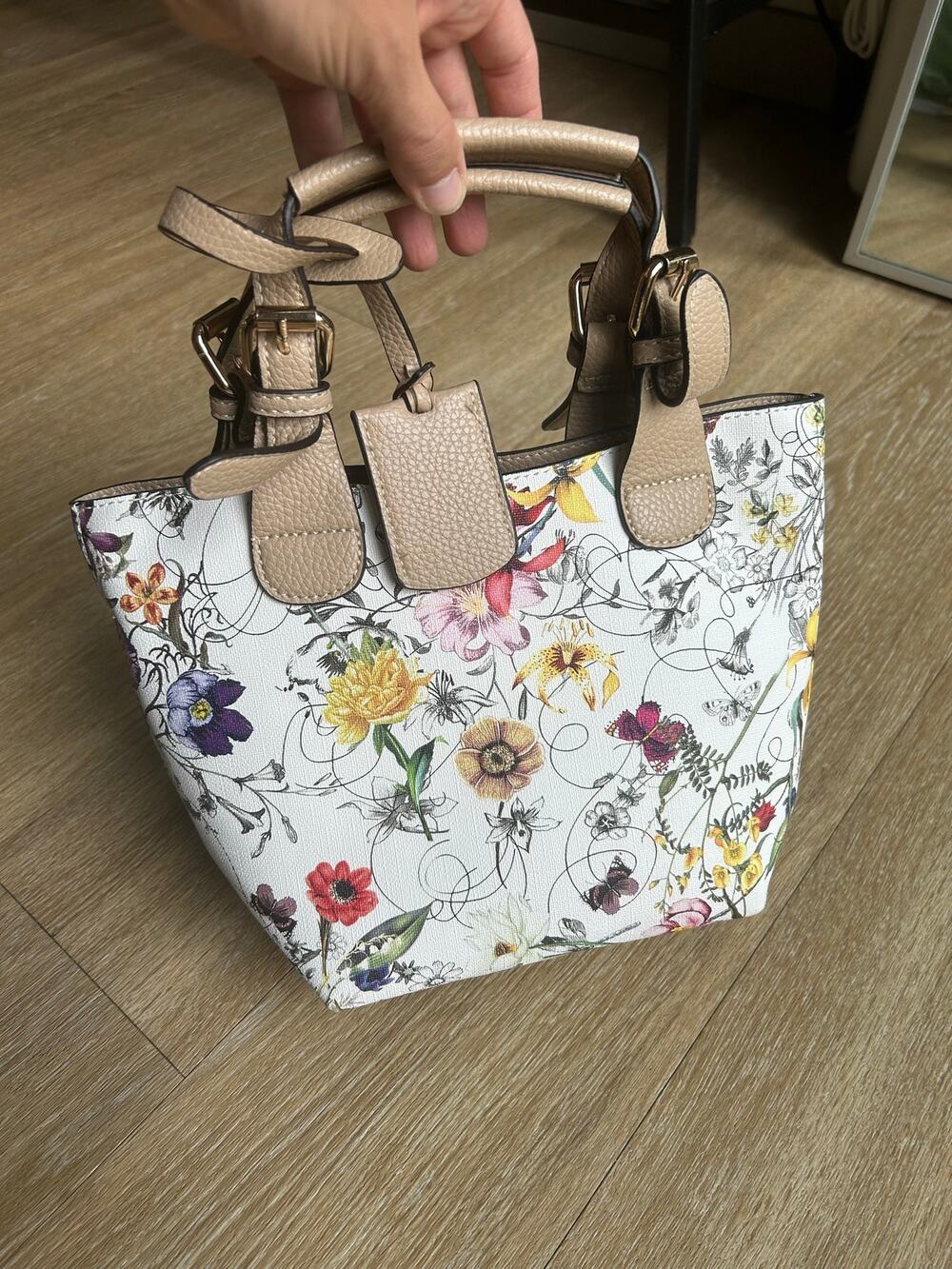 Floral Mini Tote Bag Satchel Purse Botanical Flower Pattern Top Handle Cream Tan